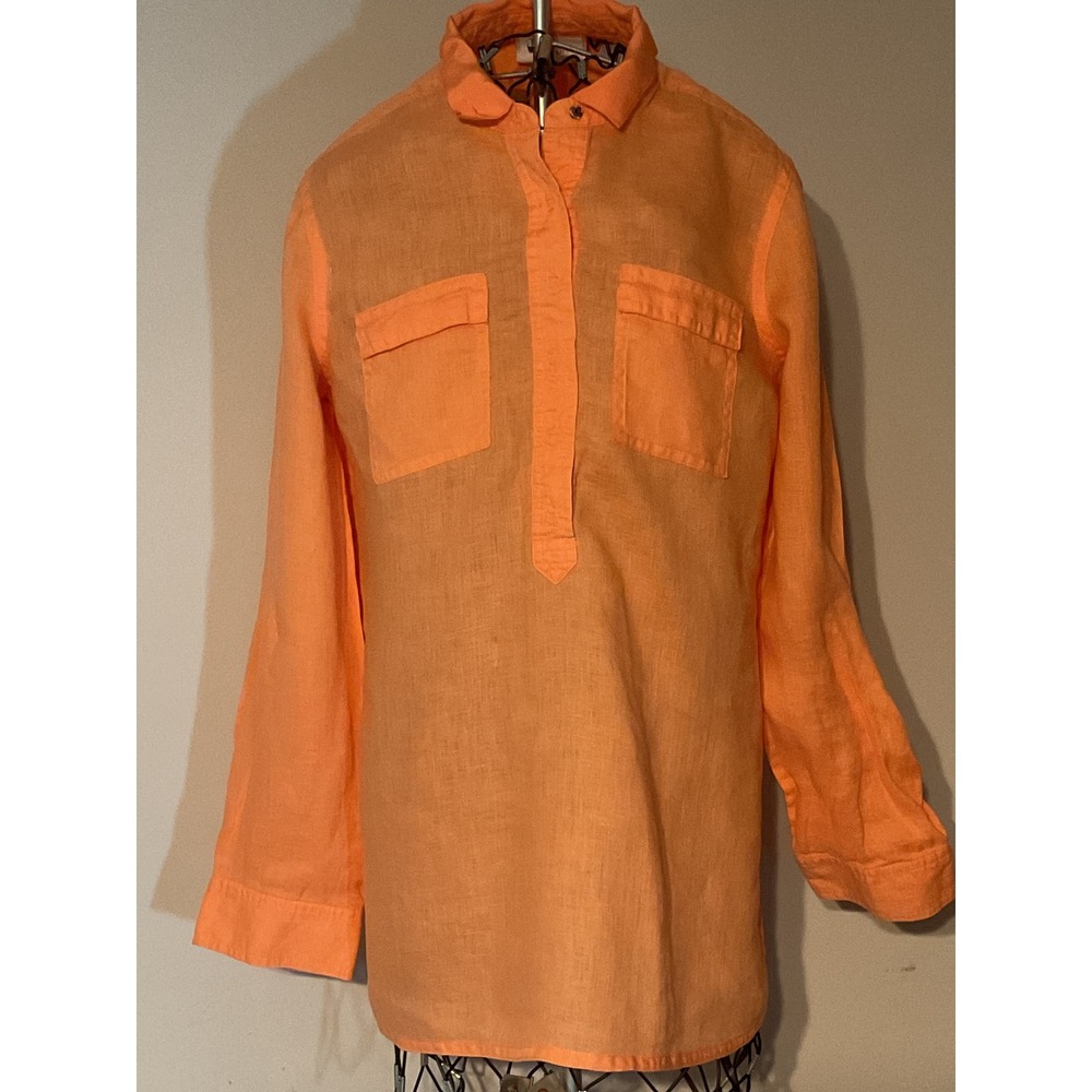 Chicos Orange 100% Linen Long Sleeve Button Tab Tunic Top Size 0 Small